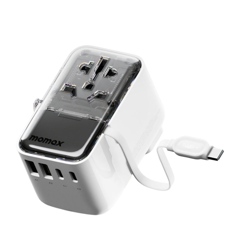 Momax UA21W 35 W Travel Adapter with 4 USB Ports and Retractable USB-C Cable, White, original view 1