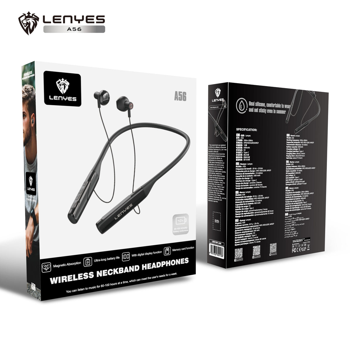 Lenyes A56 Black Wireless Neckband Headphones