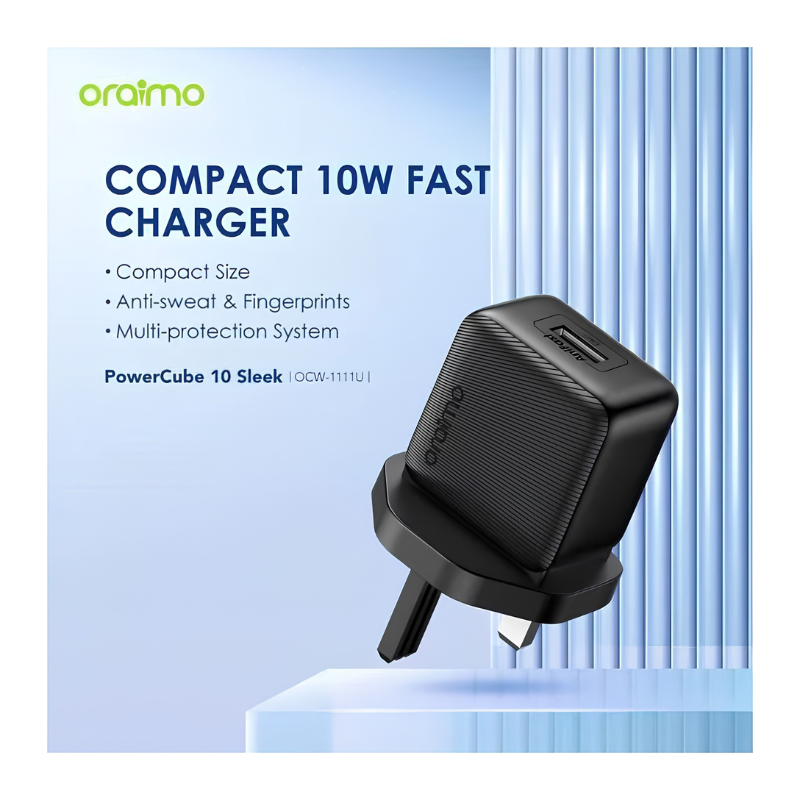 شاحن حائط Oraimo PowerMate 101 بقدرة 10 واط مع كابل USB-A إلى USB-C بطول 1 متر – أسود