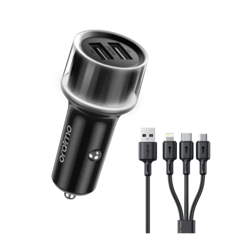 شاحن سيارة Oraimo OCC-1152D، منفذا USB-A، إجمالي 15.5W | Oraimo OCC-1152D Dual USB-A 15.5W Car Charger — مع كابل 3 في 1 / With 3-in-1 cable