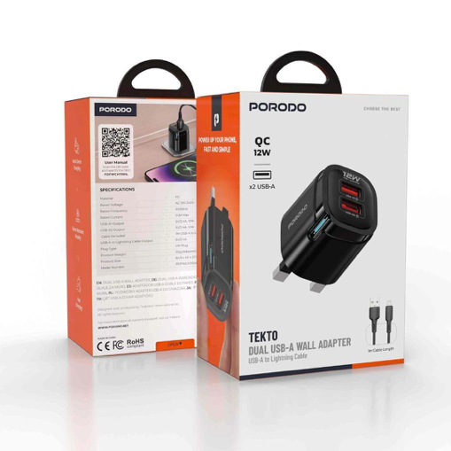 Porodo Tekto 12W Dual USB Fully 2.4A Adaptor USB-A TO L Cable 1M - Black
