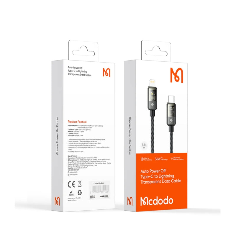 Mcdodo CA-316 USB-C to Lightning 36W Transparent Auto Power-Off Cable