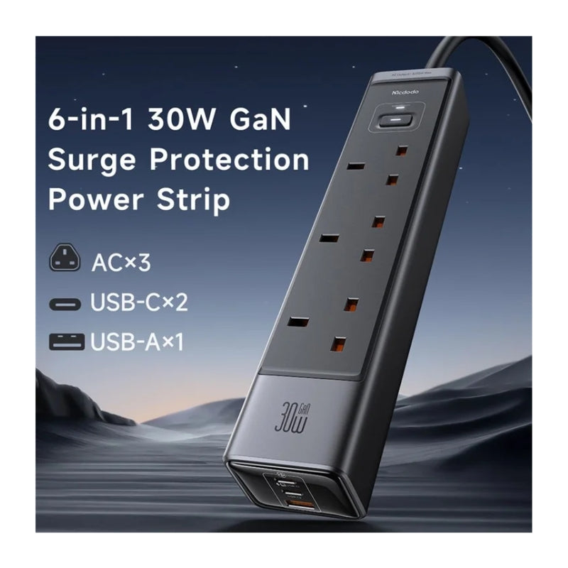 Mcdodo CH-0600 3-Outlet UK Power Strip with 30 W GaN USB Charging, Black, original view 2