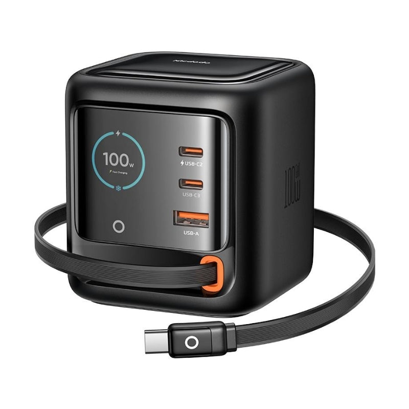 Mcdodo CH-1390 100 W Desktop Charger with Display and Retractable USB-C Cable, UK Black, original view 1