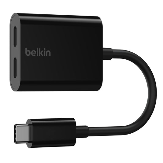 محول Belkin CONNECT للصوت والشحن بمنفذي USB-C بقوة 60 واط - أسود - F7U081btBLK