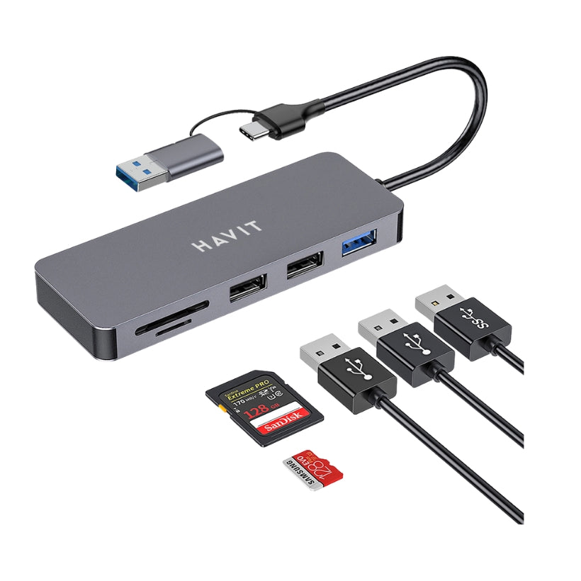 Havit HV-H41 USB Hub with Card Readers, Gray, original view 1