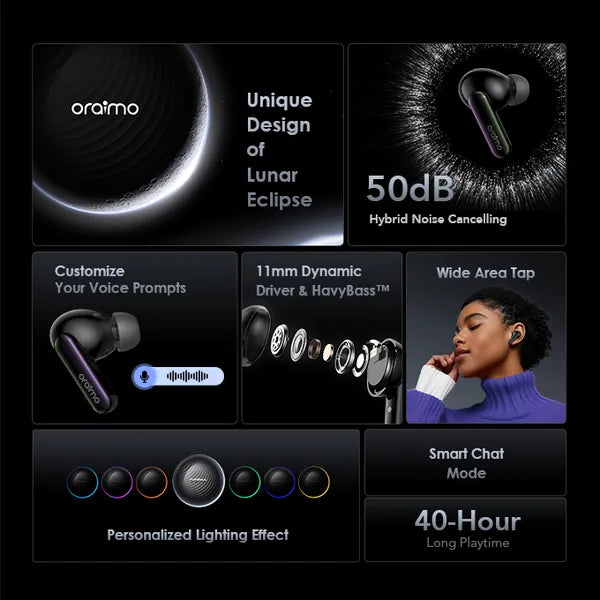 Oraimo SpaceBuds OTW-630 Hybrid ANC Earbuds with Personalized Lighting, original view 8