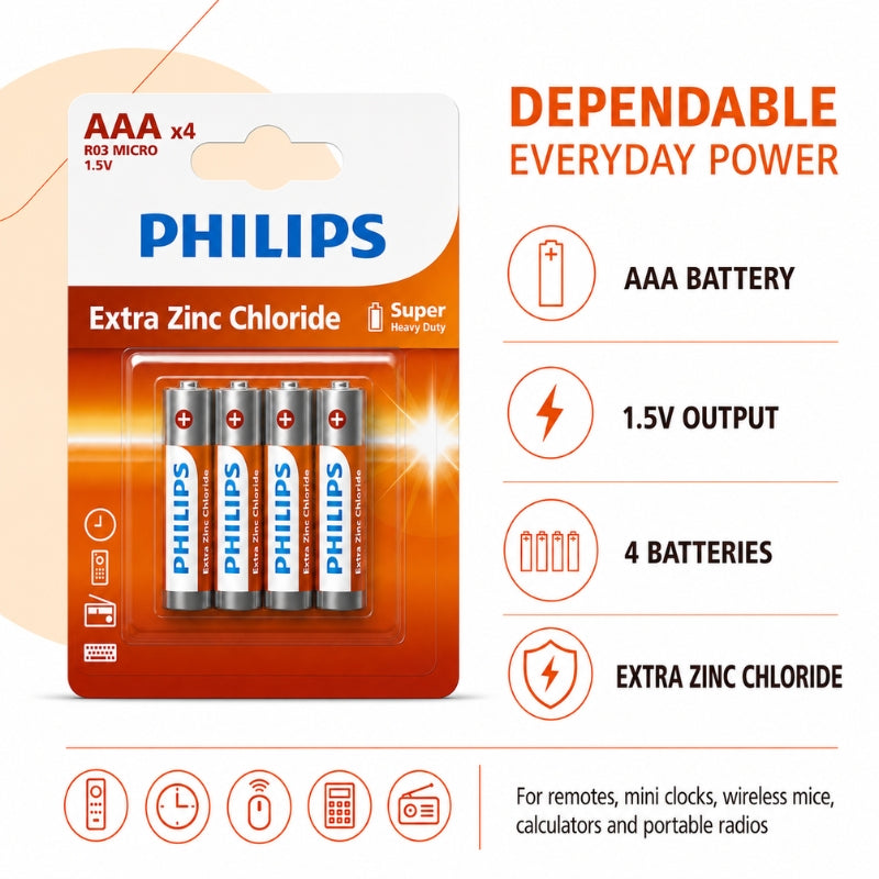 Philips Extra Zinc Chloride 1.5V Batteries, AA or AAA, 2, 4 or 8-Pack