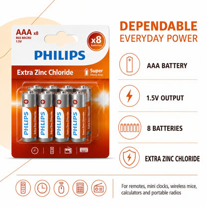 Philips Extra Zinc Chloride 1.5V Batteries, AA or AAA, 2, 4 or 8-Pack