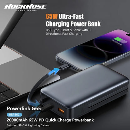 RockRose Powerlink G65 RRPB62 20000 mAh Power Bank with Built-in Cables - Black