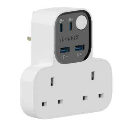 Momax US17UKW T-Shaped 2-Socket UK Power Adapter with 4 USB Ports, White, original view 1