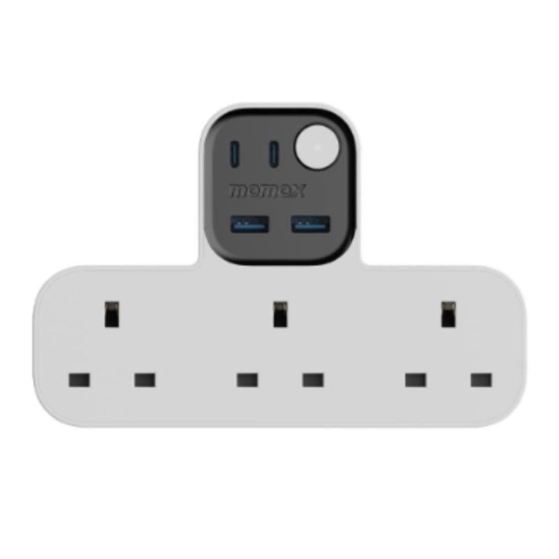 Momax US19UKW T-Shaped 3-Socket UK Power Adapter with 4 USB Ports, White, original view 1