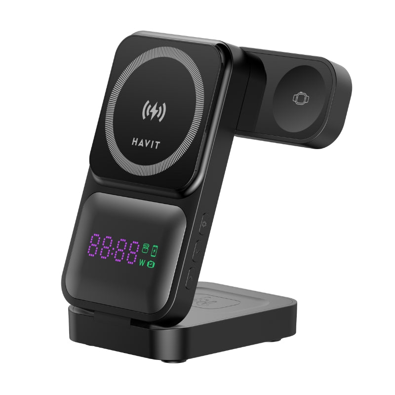 Havit W3107 Foldable 3-in-1 Wireless Charger with LED Clock, Black, original view 3