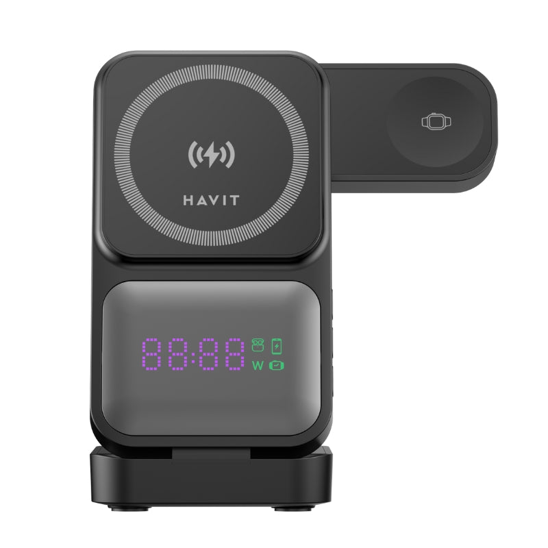 Havit W3107 Foldable 3-in-1 Wireless Charger with LED Clock, Black, original view 1