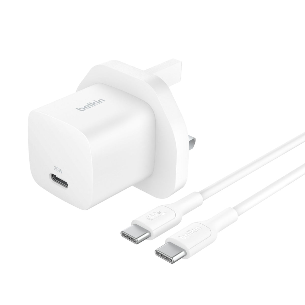 شاحن Belkin BoostCharge USB-C بقوة 25 واط - WCA012 - أبيض - مع كابل 1 متر - WCA012my1MWH-B6