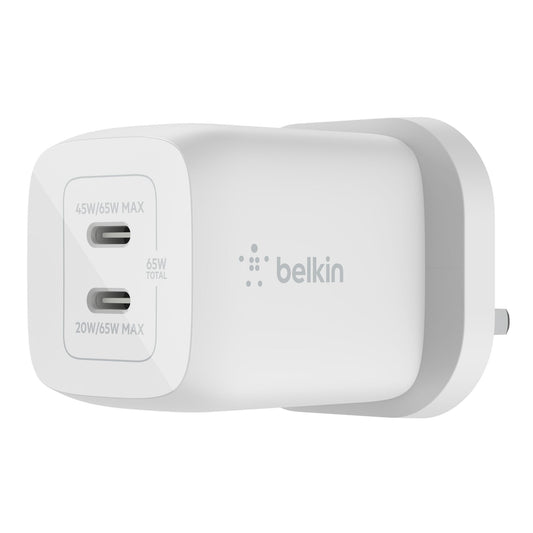 شاحن حائط Belkin BoostCharge Pro بمنفذي USB-C بقوة 65 واط - أبيض - WCH013myWH
