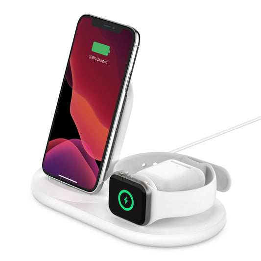 شاحن لاسلكي Belkin BoostCharge ‏3 في 1 لآيفون وApple Watch وAirPods - أبيض - WIZ001myWH