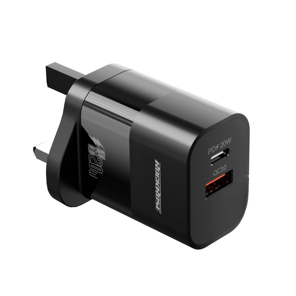 RockRose RRTC30UK USB-C & USB-A 20 W Charger, Black