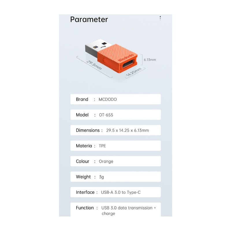Mcdodo OT-6550 USB-A Male to USB-C Female Adapter, USB 3.0, Orange