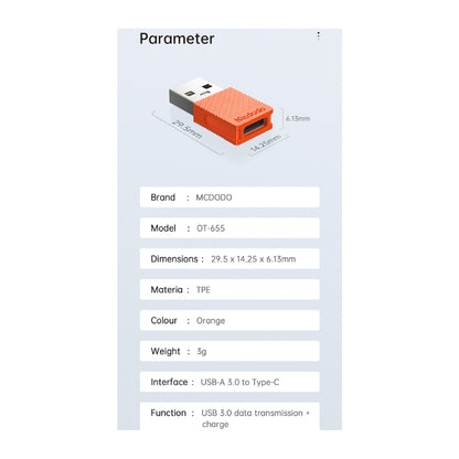 Mcdodo OT-6550 USB-A Male to USB-C Female Adapter, USB 3.0, Orange