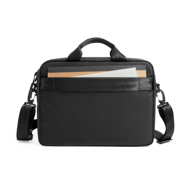 Tomtoc Navigator A33 Black laptop shoulder bag; devices and belongings shown are not included