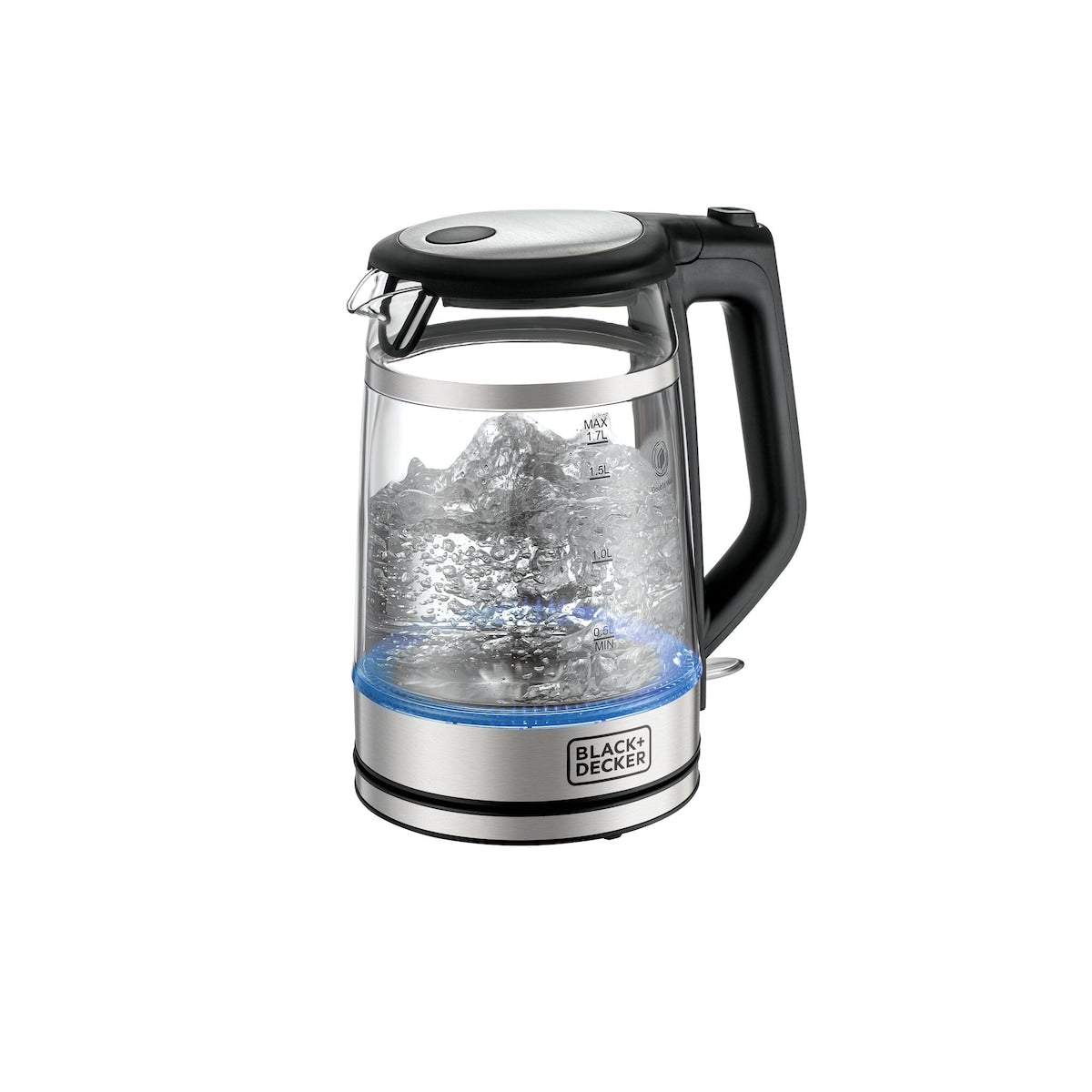 BLACK+DECKER GK220-B5 glass kettle boiling with blue LED