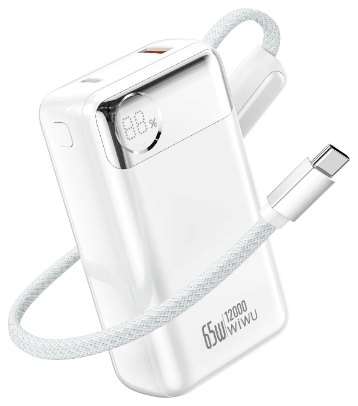 باور بنك 12000mAh بقدرة 65W وكيبل مدمج | WIWU T132 65W أبيض
