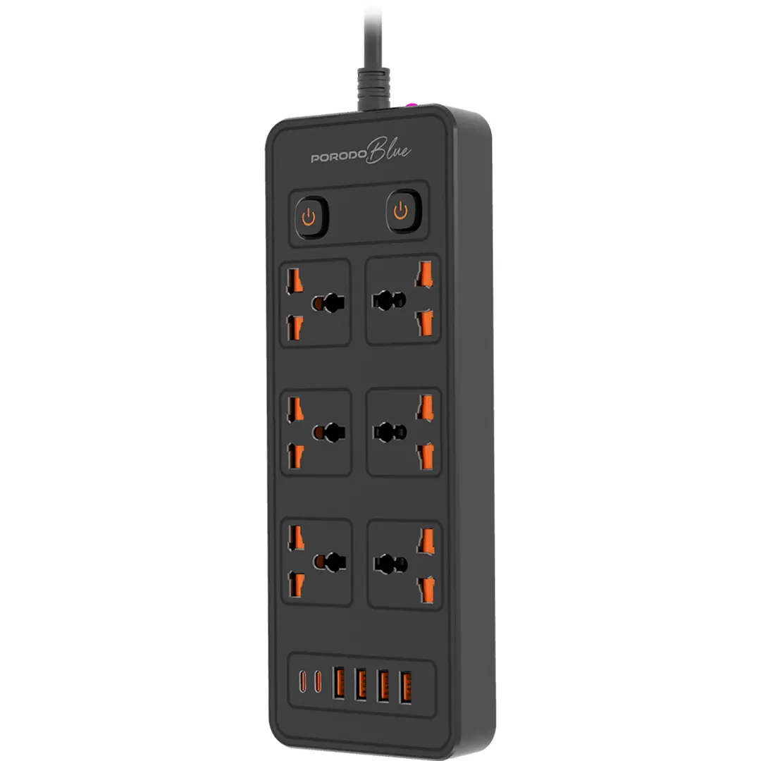 Porodo Blue 6 AC Dual Switch Power Strip 3m - Black