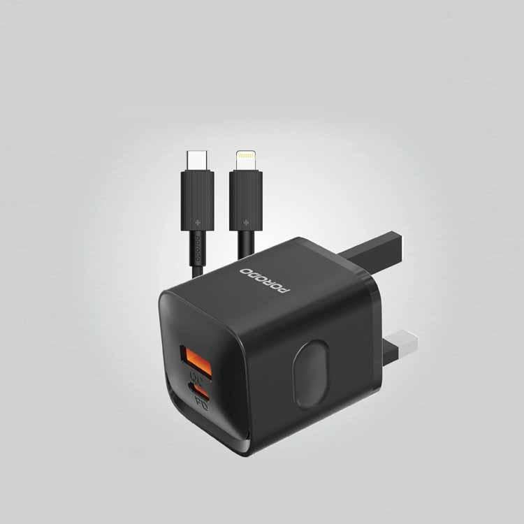 Porodo PD+QC 20W UK Charger with USB-C to Lightning Cable - Black