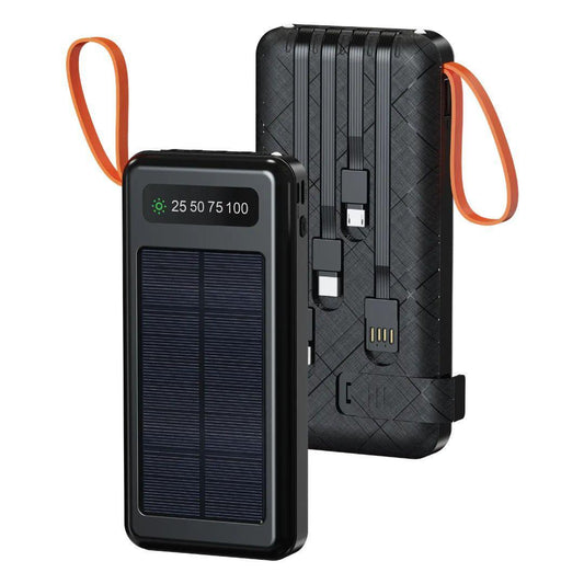 Porodo Solar Power Bank 10000mAh with Torch and Built-in Cables - Black