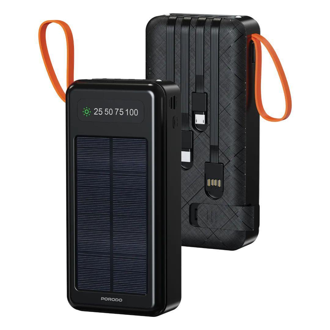 Porodo Solar Power Bank 20000mAh with Torch and Built-in Cables - Black