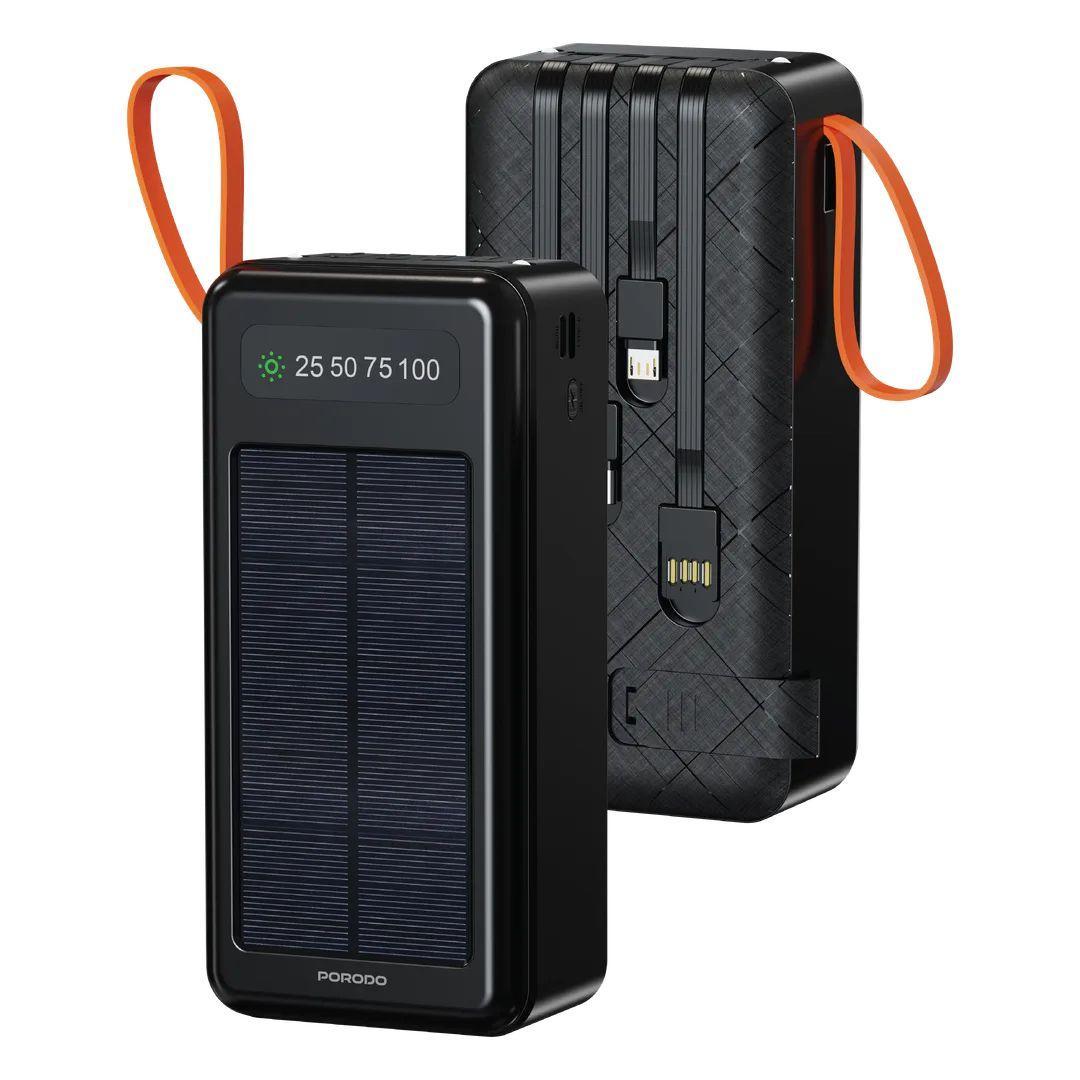 Porodo Solar Power Bank 30000mAh with Torch and Built-in Cables - Black