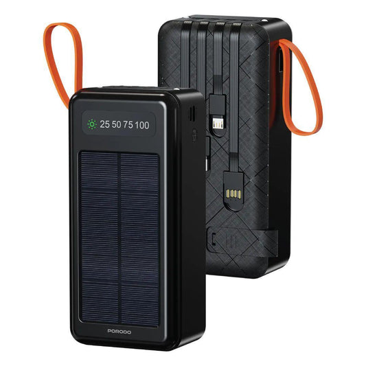 Porodo Solar Power Bank 30000mAh with Torch and Built-in Cables - Black
