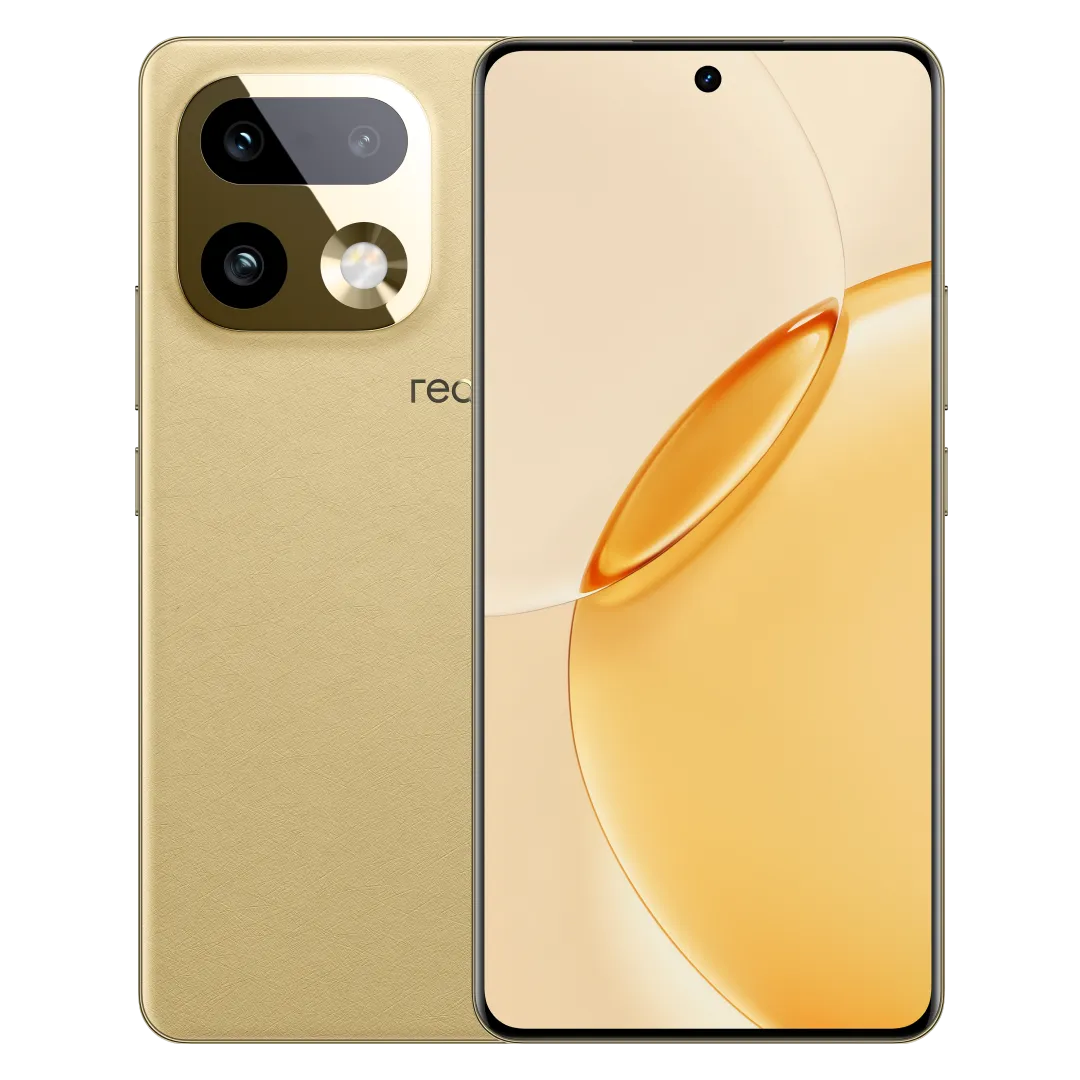 هاتف realme 16 Pro+ باللون الذهبي، الواجهة الأمامية والخلفية