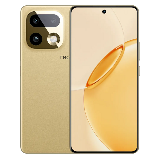 هاتف realme 16 Pro+ باللون الذهبي، الواجهة الأمامية والخلفية