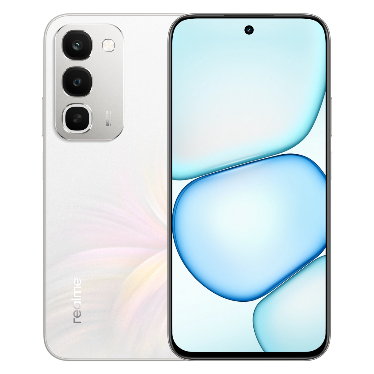 هاتف realme C100 4G باللون الأبيض، الواجهة الأمامية والخلفية