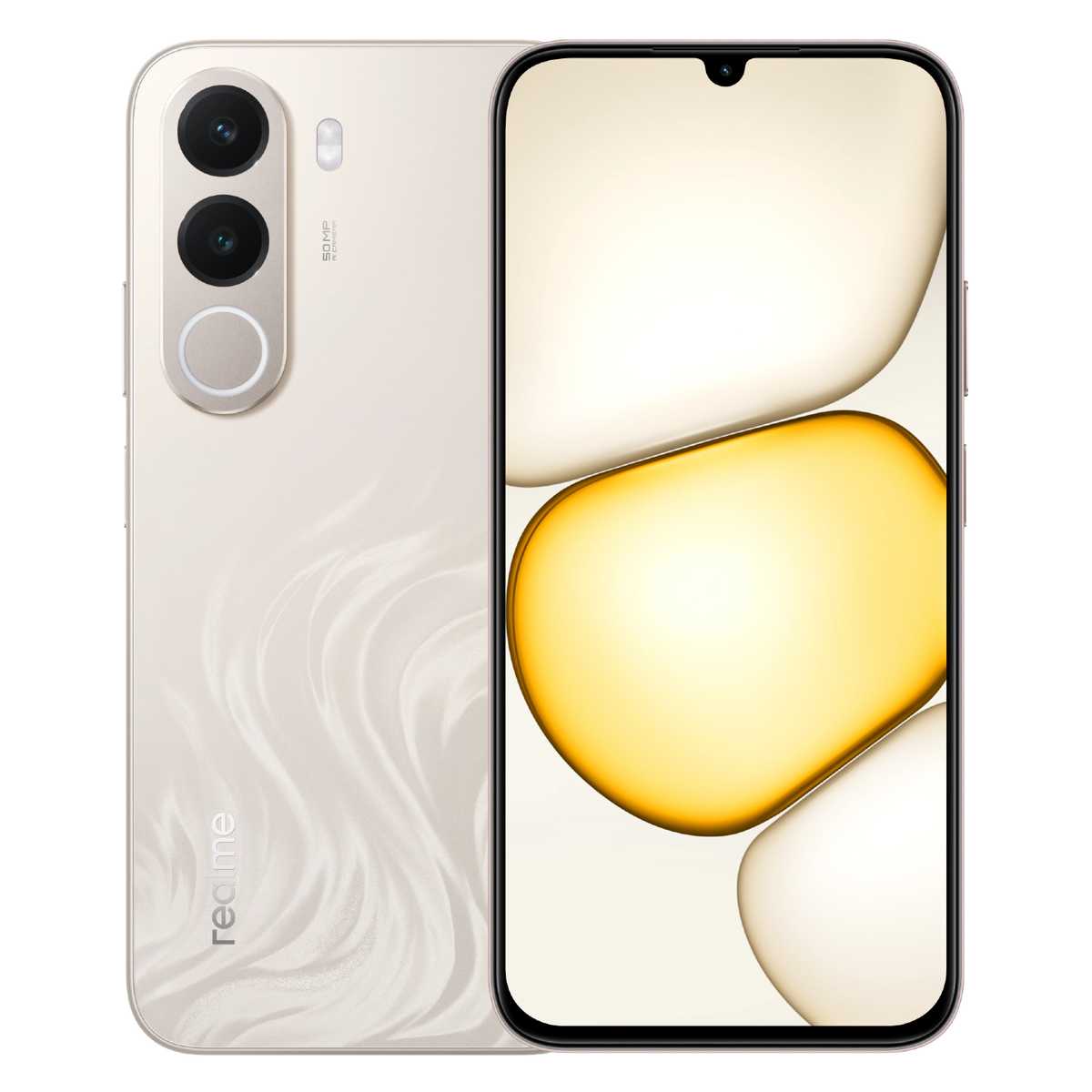 هاتف realme C100x باللون الذهبي، الواجهة الأمامية والخلفية