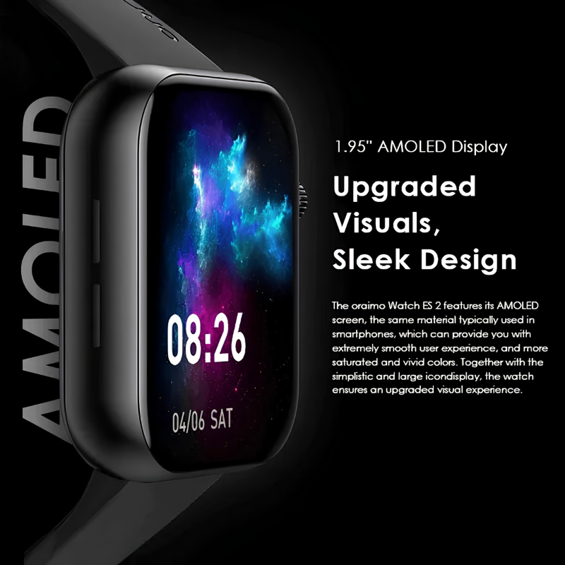 ساعة Oraimo Smart Watch ES2 الذكية بشاشة AMOLED مقاس 1.95 بوصة – أسود