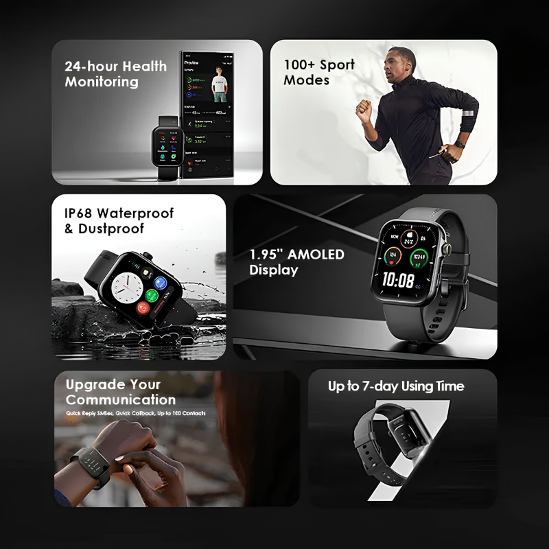ساعة Oraimo Smart Watch ES2 الذكية بشاشة AMOLED مقاس 1.95 بوصة – أسود