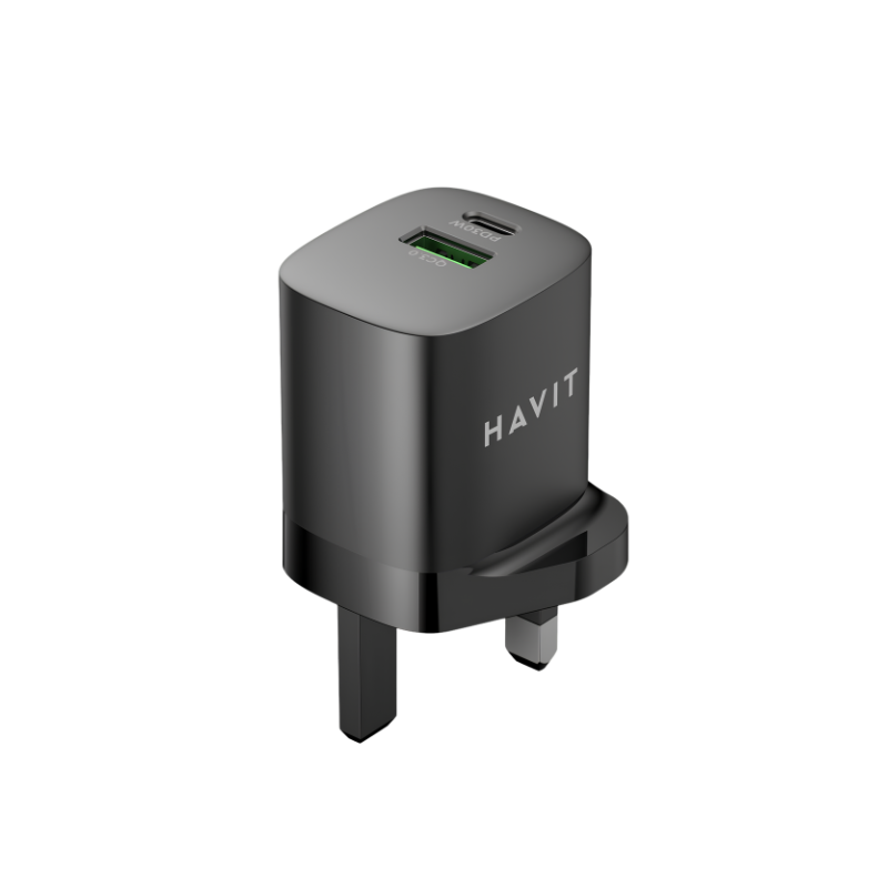 شاحن Havit UC30 PRO UK بمنفذي USB-C وUSB-A | Havit UC30 PRO UK USB-C and USB-A Wall Charger — أسود / Black
